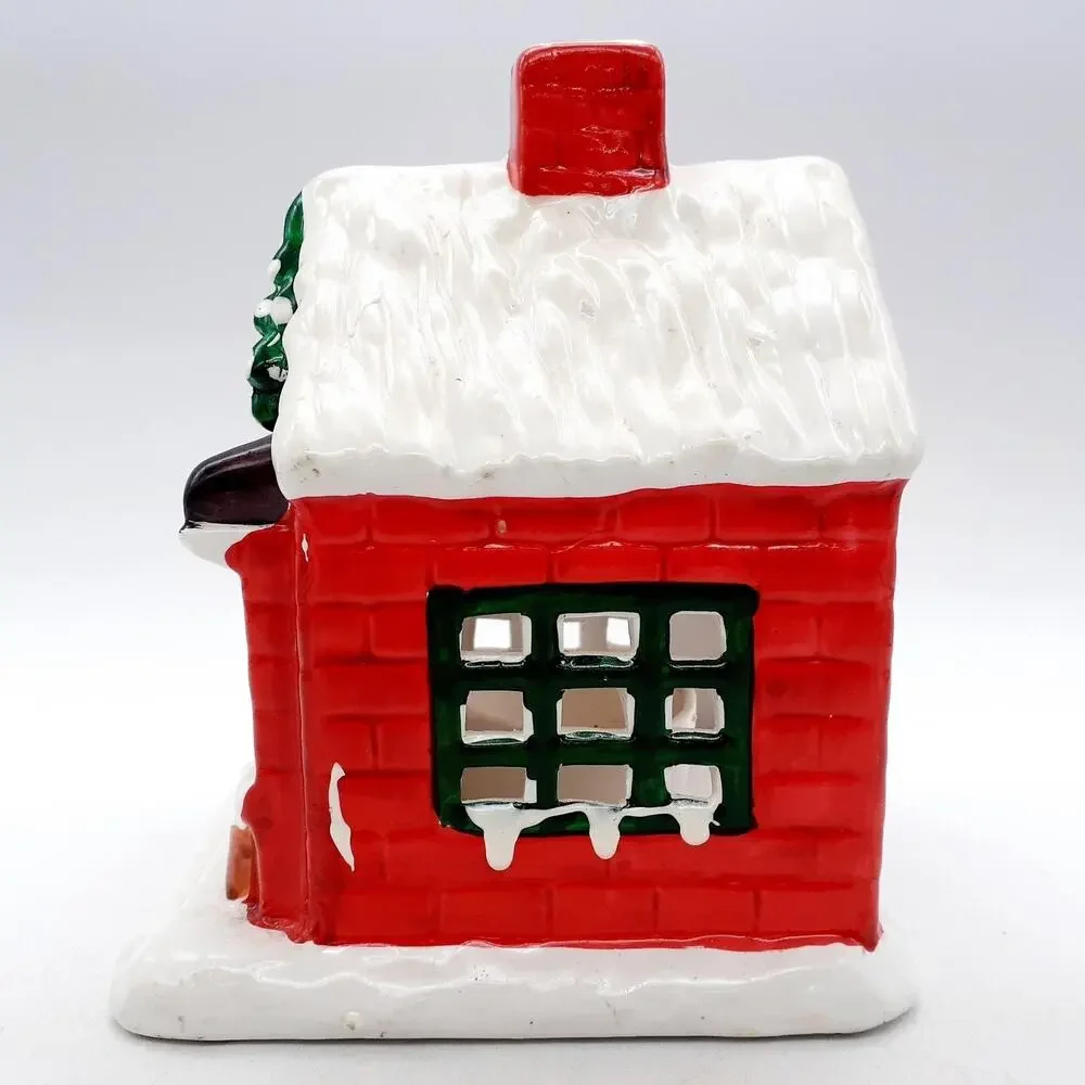 Ceramic Christmas House Tealight Candle Holder Small Red Roof Holiday Decor